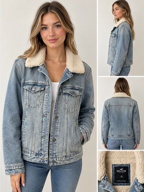 Hollister Light Blue Denim Sherpa-Lined Jacket with Cream Collar
